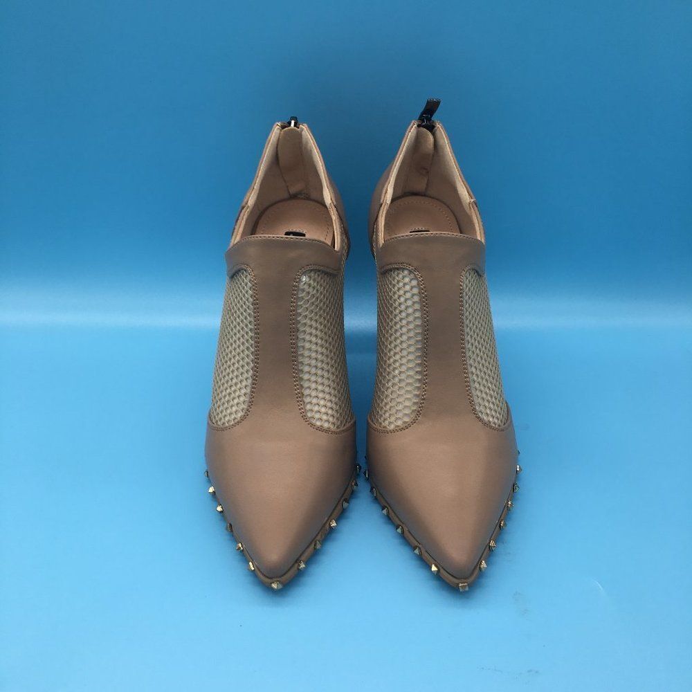 Brown Mid Chunky Heel with Rivets Closed Pointed Toe Zipper Ankle Boots